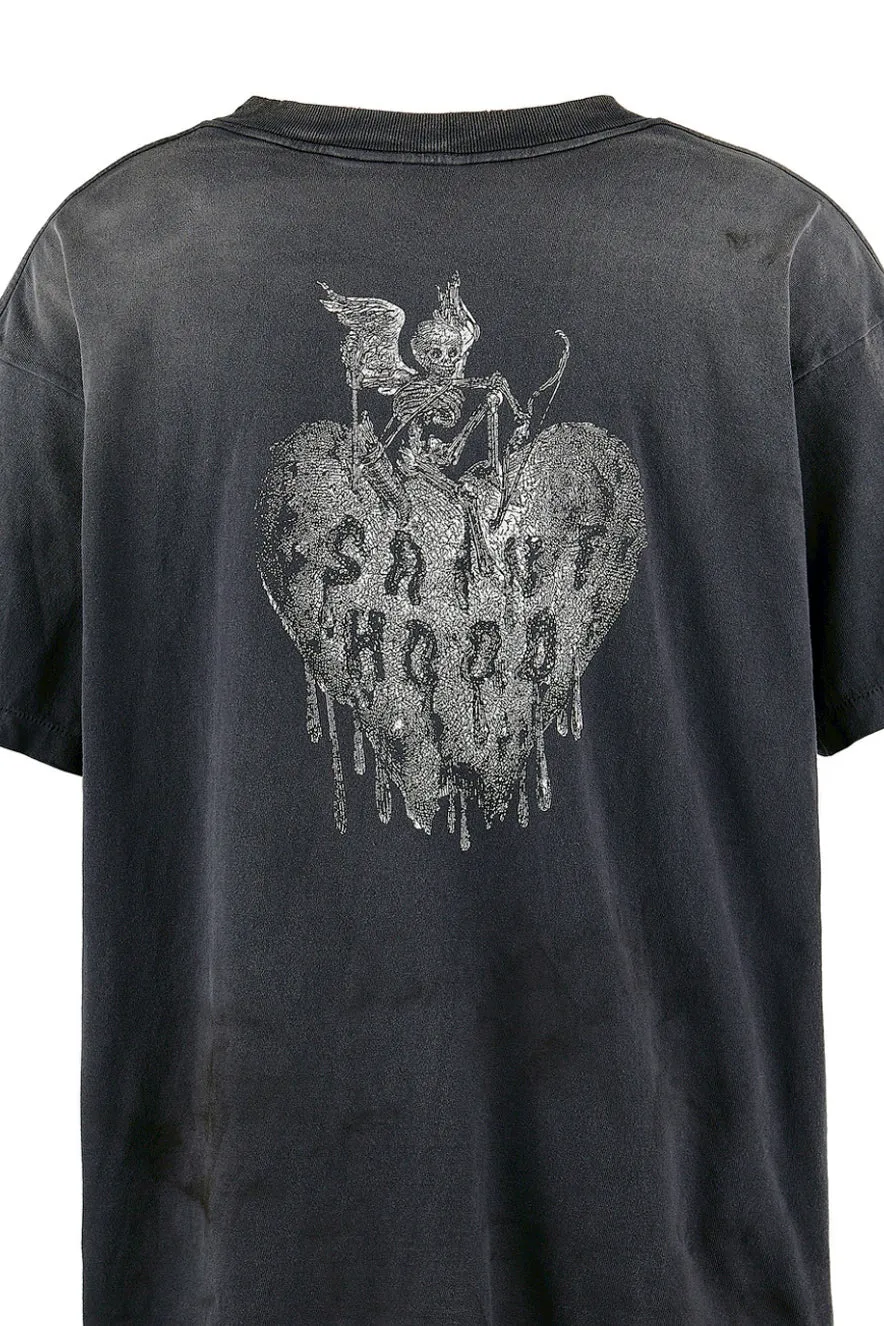 SAINT Mxxxxxx × NEIGHBORHOOD STHD . SS TEE FEARLESS/BLK NBHD Takizawa Shinsuke co-branded whiskey label/love skull angel distressed short sleeves washed black S-XL tube weave without side seam fabric ready-made Assute dyeing custom-woven NBHD co-branded main mark washed mark truly correct version top-level printing process restoration distressed treatment